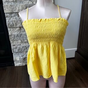 NWOT. Cloth and Stone yellow linen blend smocked babydoll tank, size small